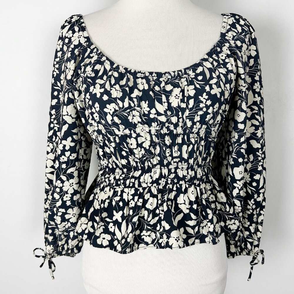MNG by Mango Navy Floral Milkmaid Cropped Top Boho Cottage Spring Size 2 XS Wome